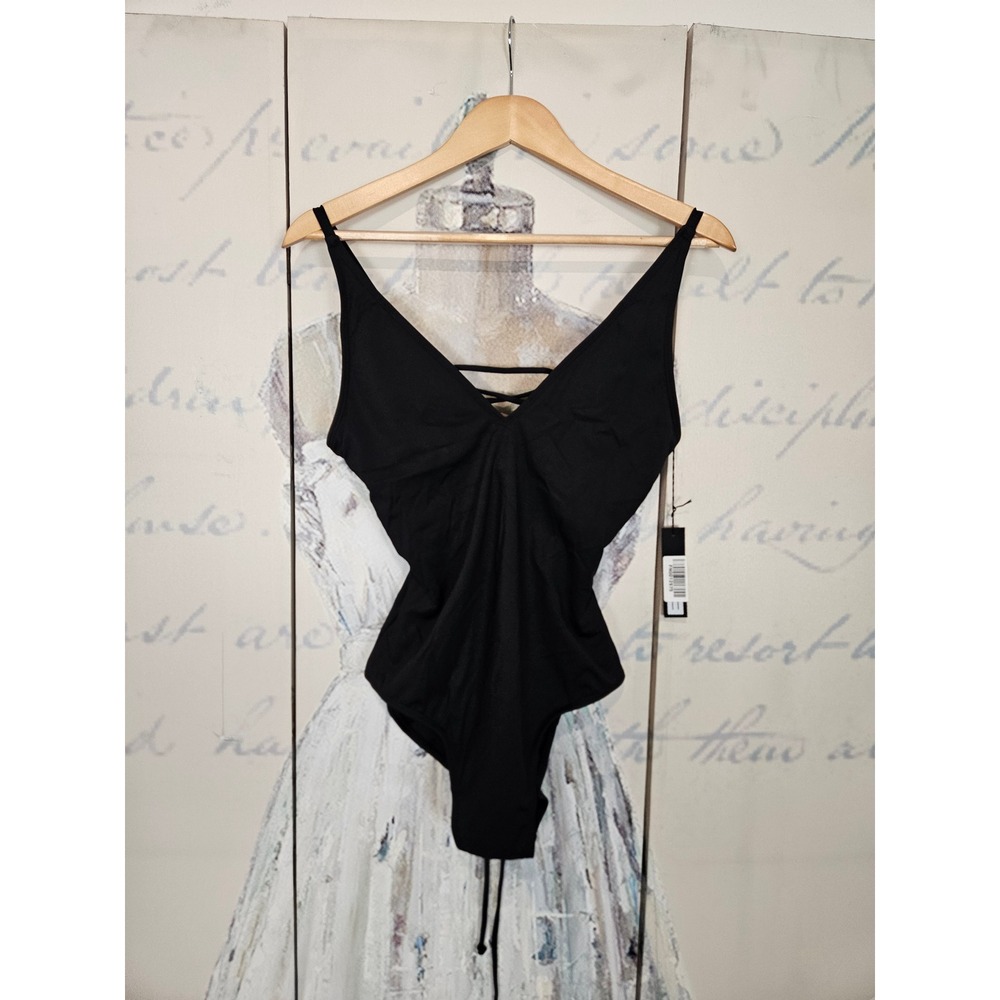 NWT TA3 Plungey One Piece Swimsuit L Short Black Sculpting Lace Up Back Swimwear